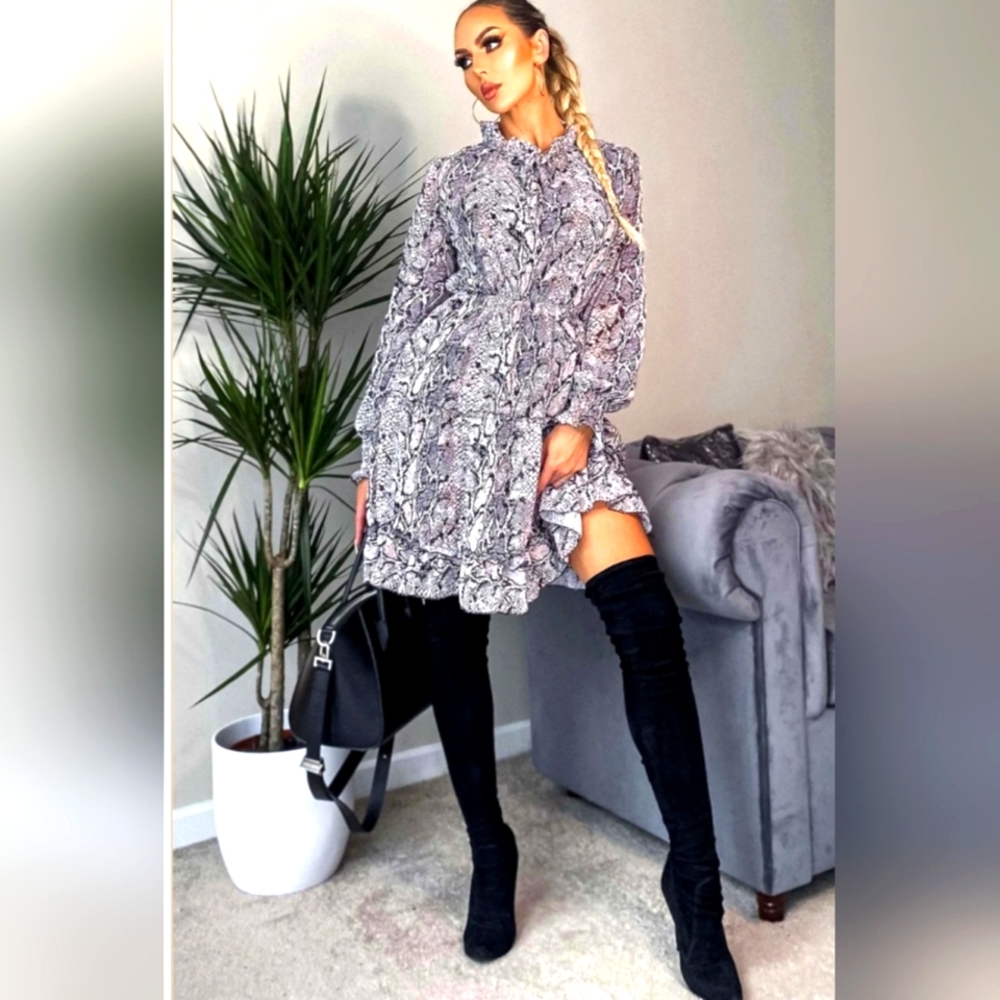 Women's HIGH NECK TIERED SNAKE PRINT DRESS